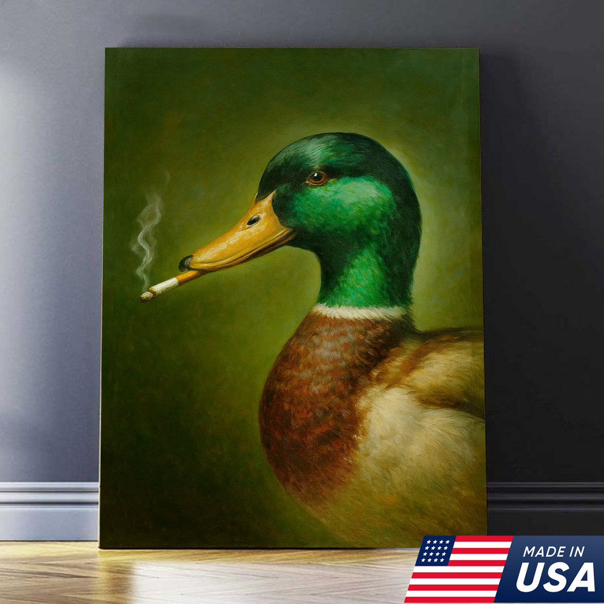 Funny Duck Smoking Canvas Wall Art, Rustic Hunting Lodge Decor, Gift for Hunters