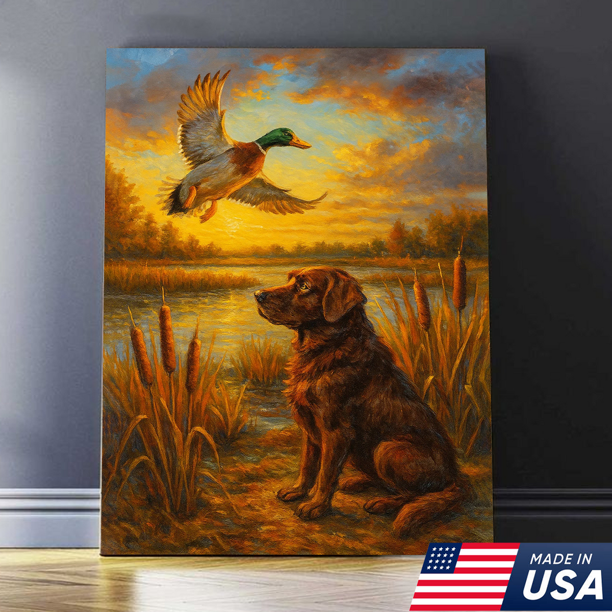 Hunting Dog & Mallard Canvas Wall Art – Rustic Wildlife Painting