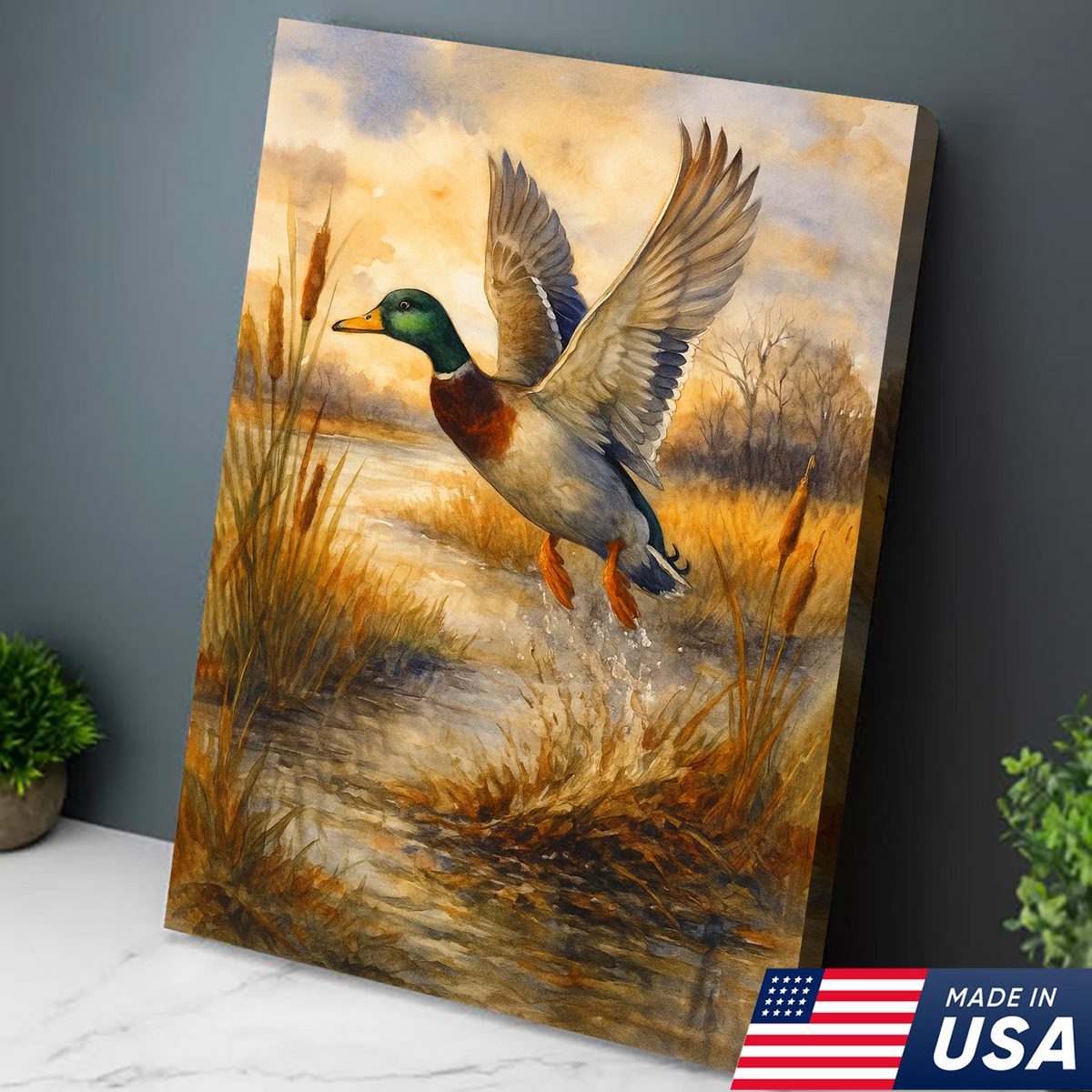 Flying Mallard Duck Canvas Wall Art, Rustic Hunting Wildlife Decor, Perfect Gift for Hunters