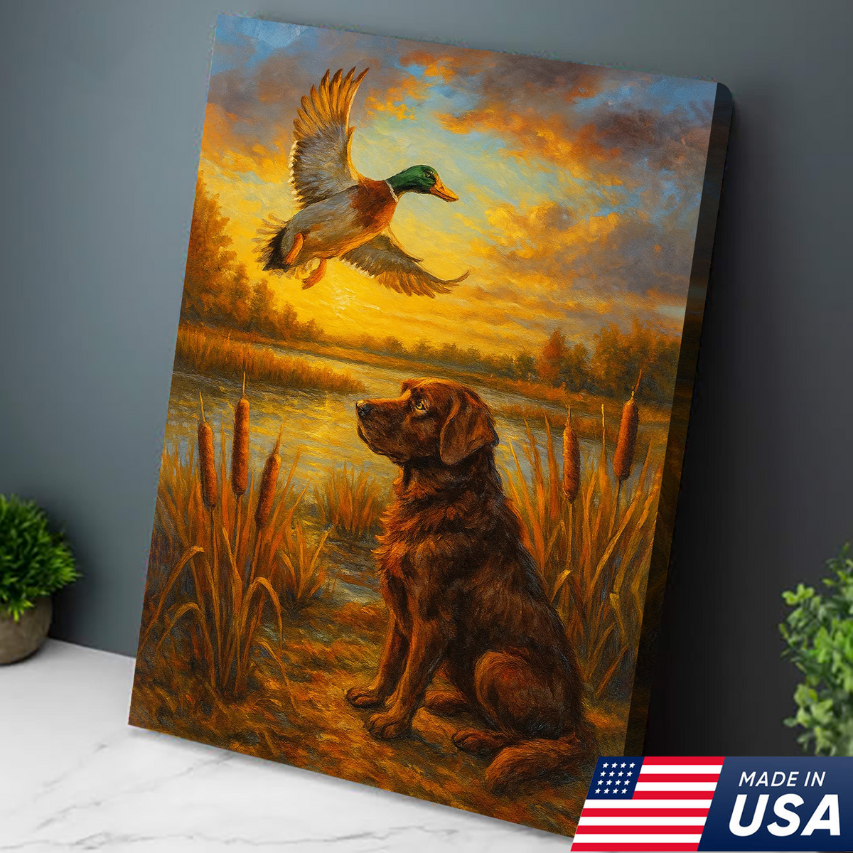 Hunting Dog & Mallard Canvas Wall Art – Rustic Wildlife Painting