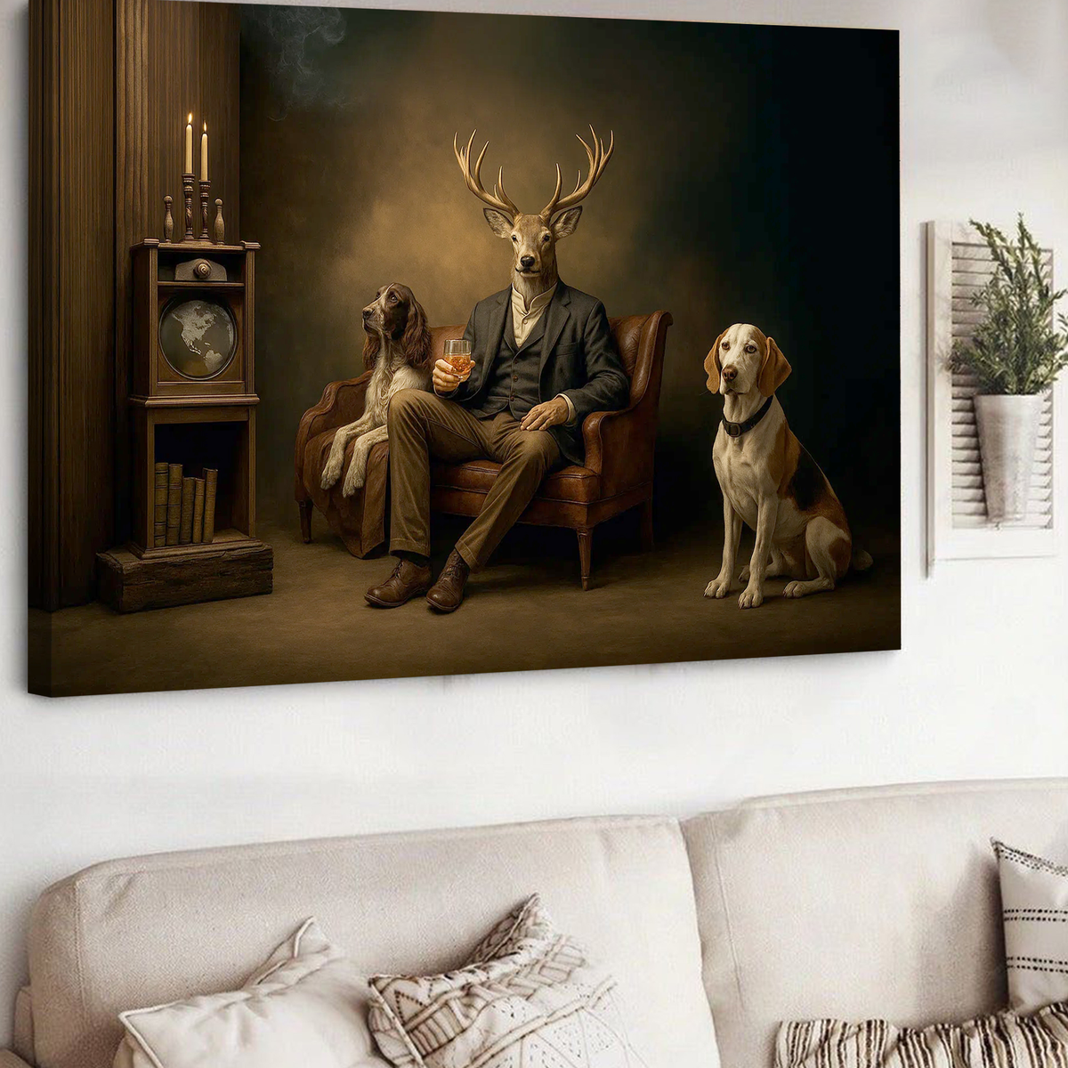 Gentleman Deer Canvas Wall Art – Rustic Whiskey & Hunting Lodge Decor, Man Cave Dog Lover Gift