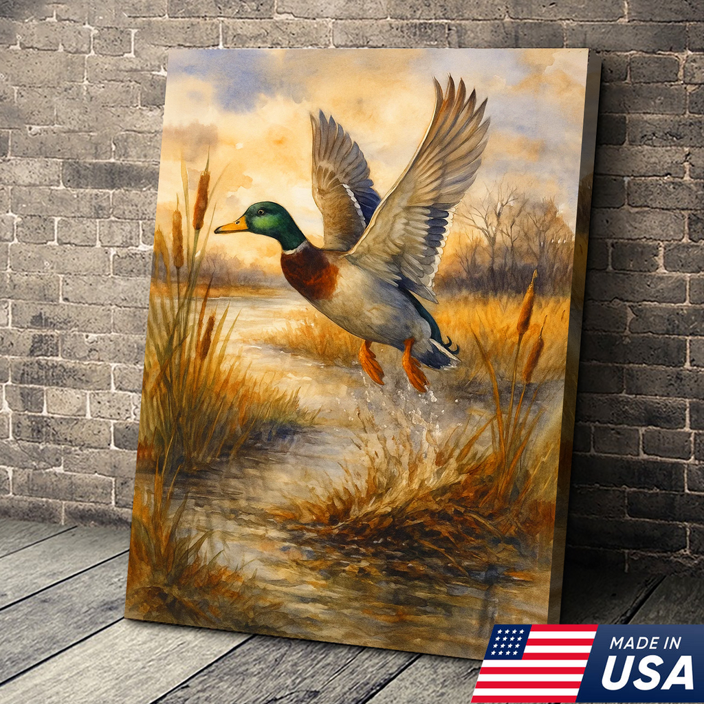 Flying Mallard Duck Canvas Wall Art, Rustic Hunting Wildlife Decor, Perfect Gift for Hunters