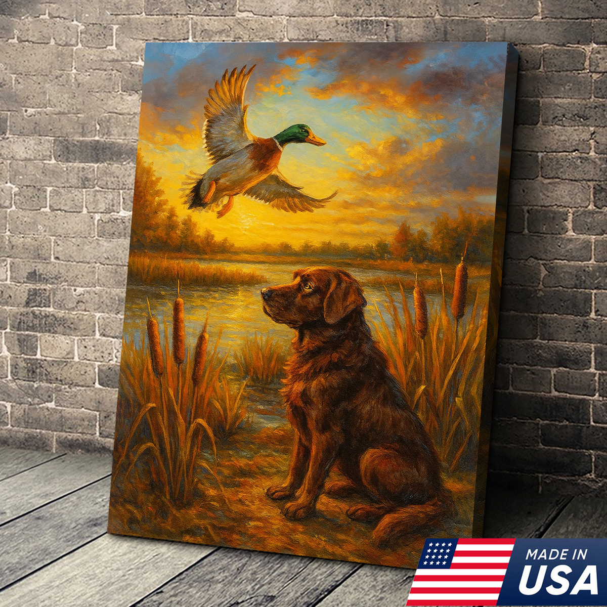 Hunting Dog & Mallard Canvas Wall Art – Rustic Wildlife Painting