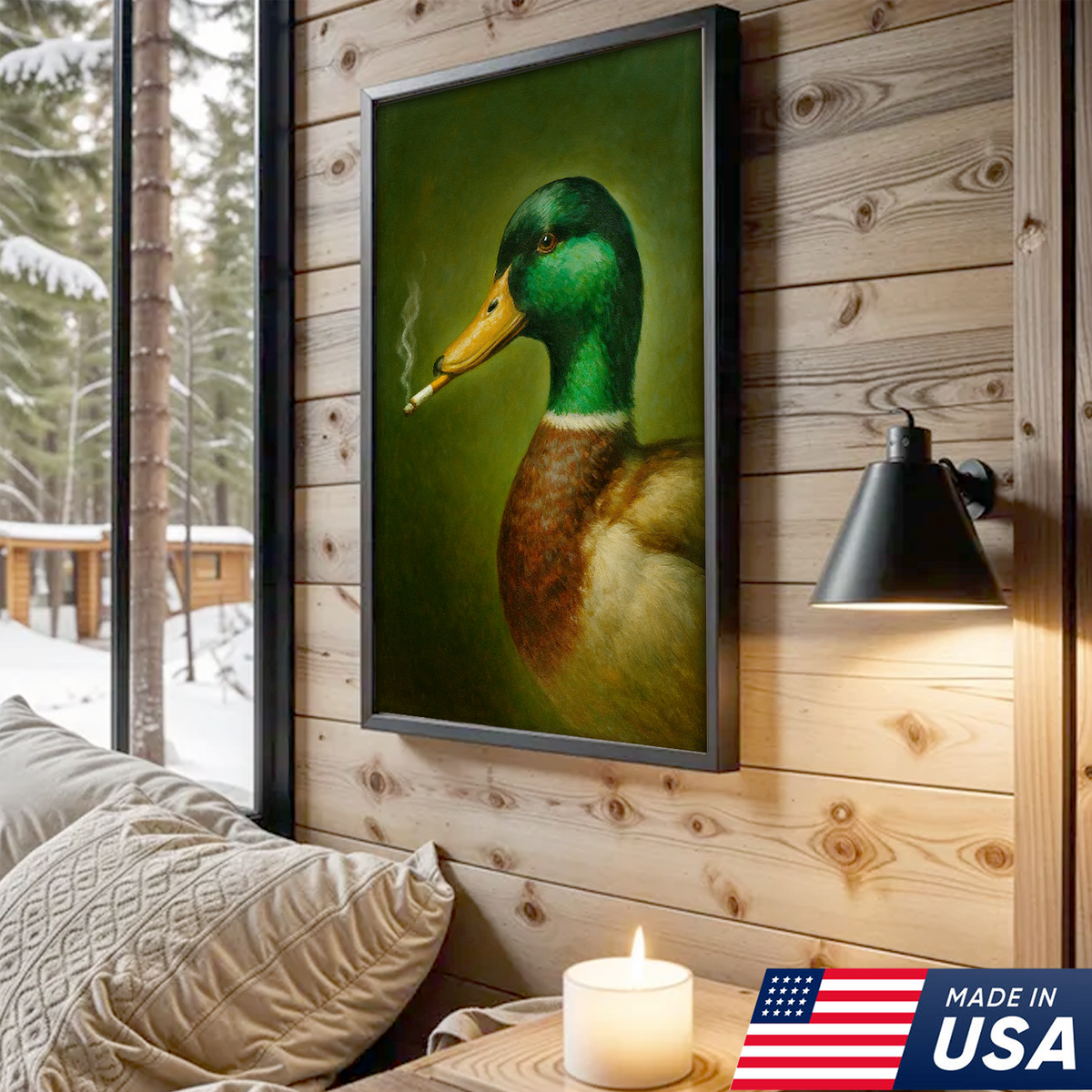 Funny Duck Smoking Canvas Wall Art, Rustic Hunting Lodge Decor, Gift for Hunters