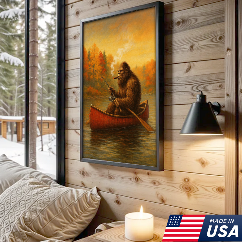 Bigfoot Fishing Canvas Wall Art – Rustic Lodge & Man Cave Decor