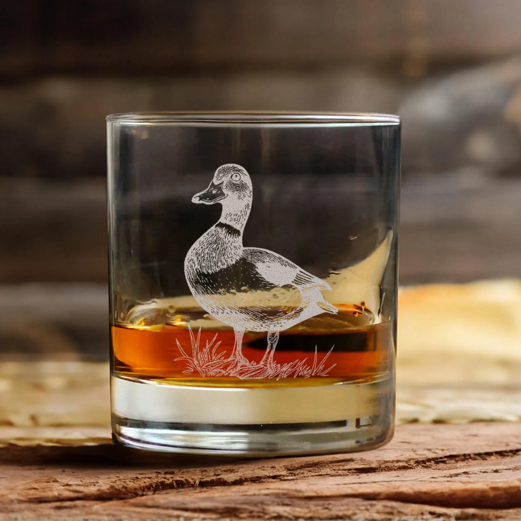 Duck Engraved Whiskey Glass, Hunting Rocks Glass Gift for Waterfowl & Drinking Lovers