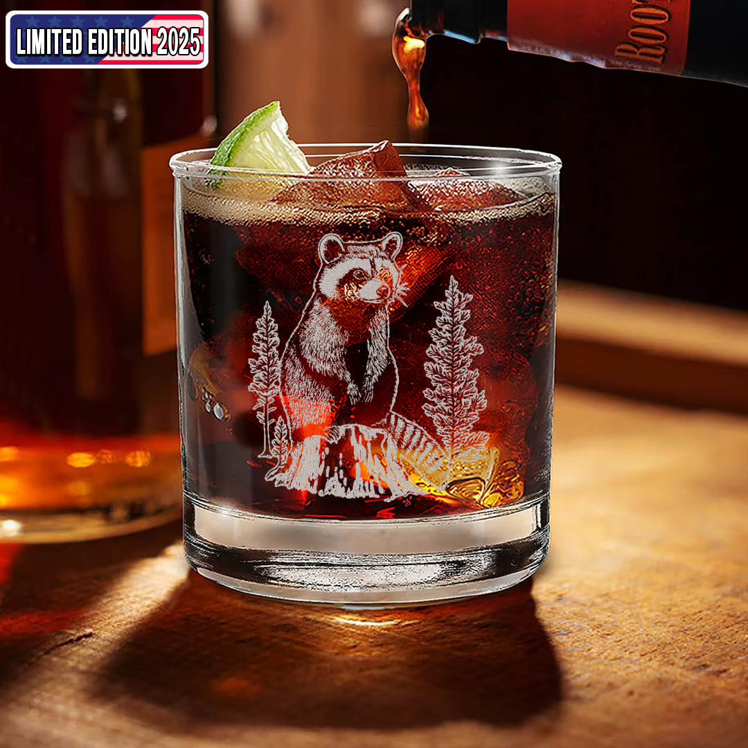 Raccoon In Forest Engraved Whiskey Glass, Wildlife Raccoon Rocks Glass Gift for Drinking Lovers & Hunters