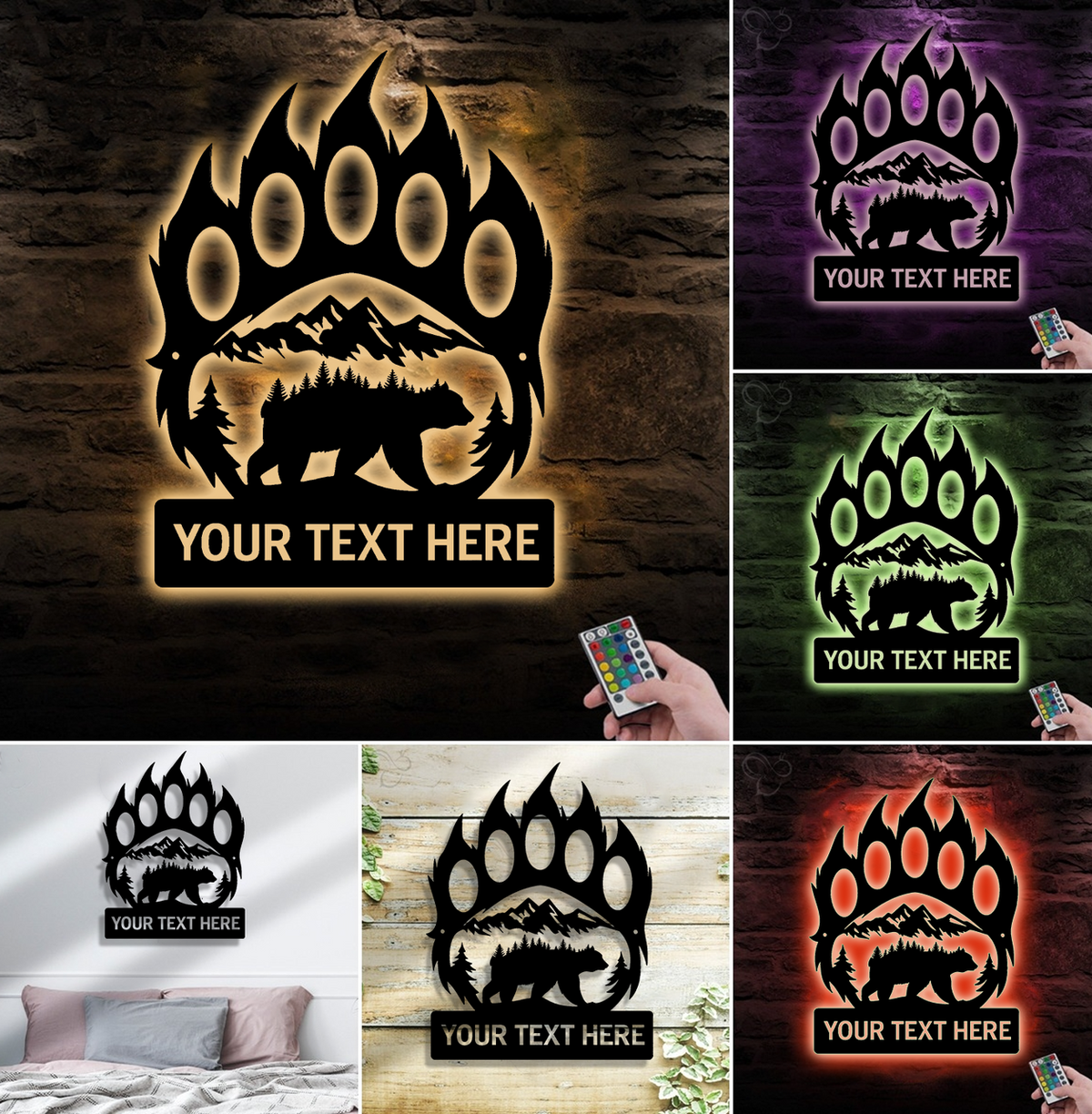 Personalized Bear Paw Metal Sign WITH LED/WITHOUT LED – Rustic Wildlife Wall Art