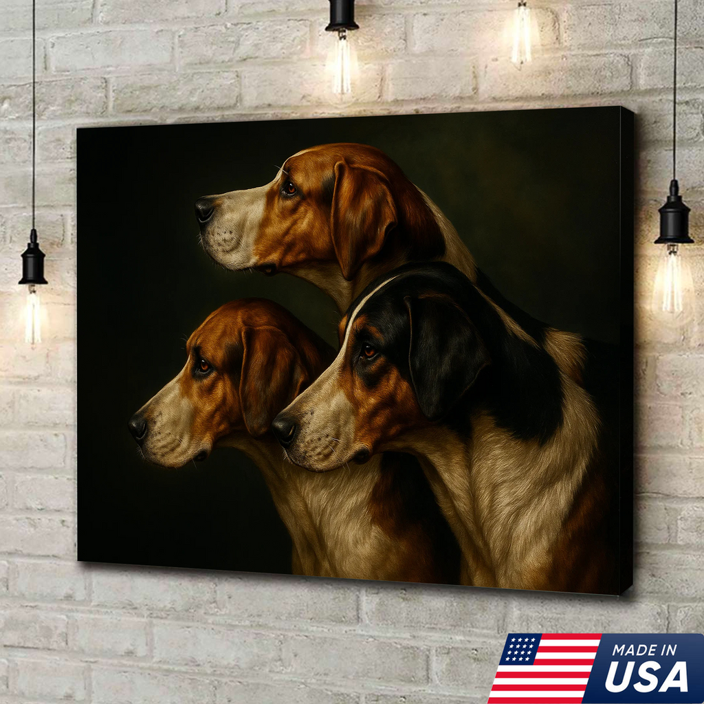 Hunting Dog Canvas Wall Art – Trio of Hounds Portrait, Rustic Lodge Decor