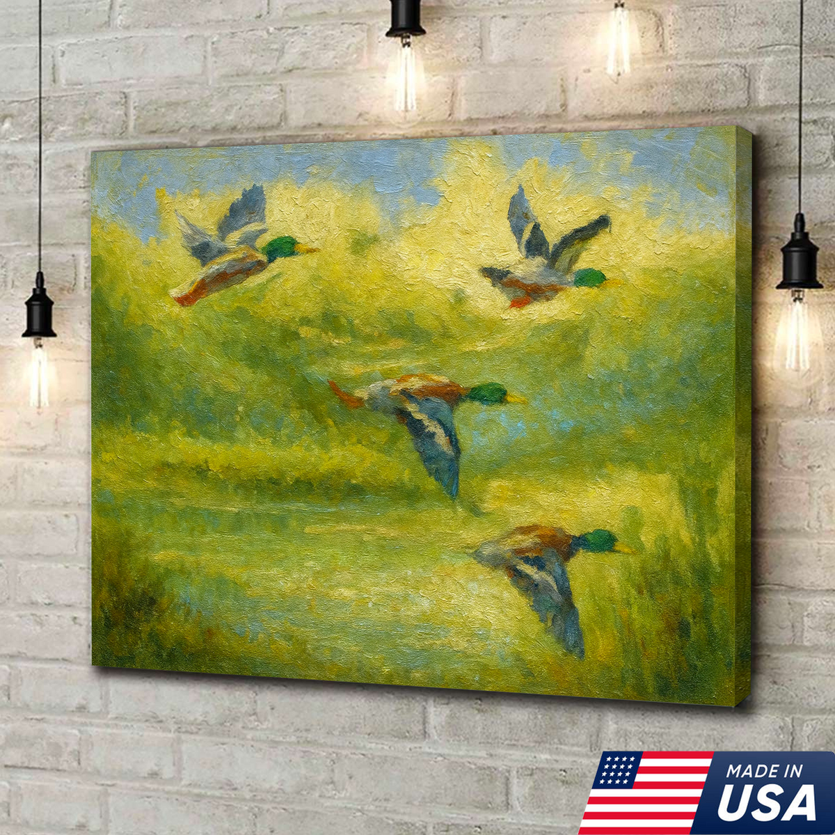 Mallard Duck Hunting Canvas Wall Art – Rustic Wildlife Decor, Flying Ducks Painting