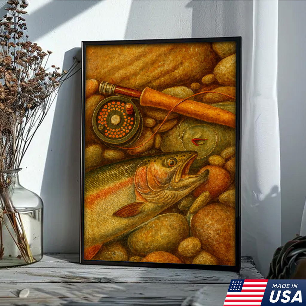 ly Fishing Canvas Wall Art – Retro Trout Painting with Rod & Reel Rustic Cabin Lodge Decor