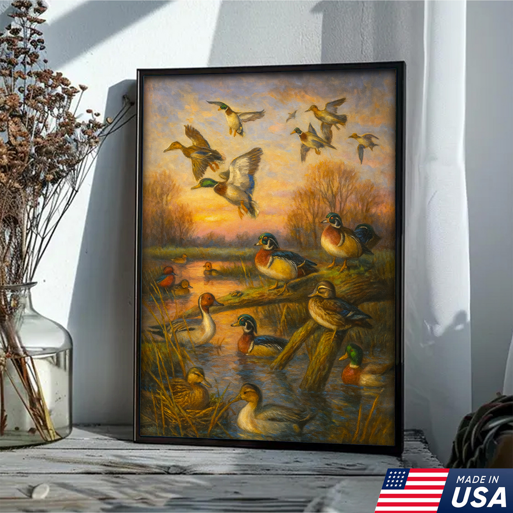 Duck Hunting Canvas Wall Art – Oil Painting Style Waterfowl at Sunset Rustic Lodge Decor