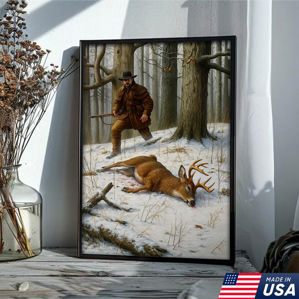 Deer Hunting Canvas Wall Art – Rustic Winter Forest Scene, Hunter with Rifle and Buck