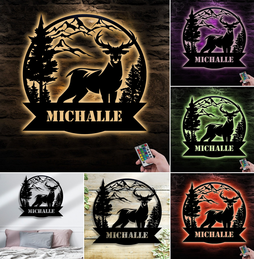 Personalized Deer Metal Sign WITH LED/WITHOUT LED – Custom Name Buck Wall Art