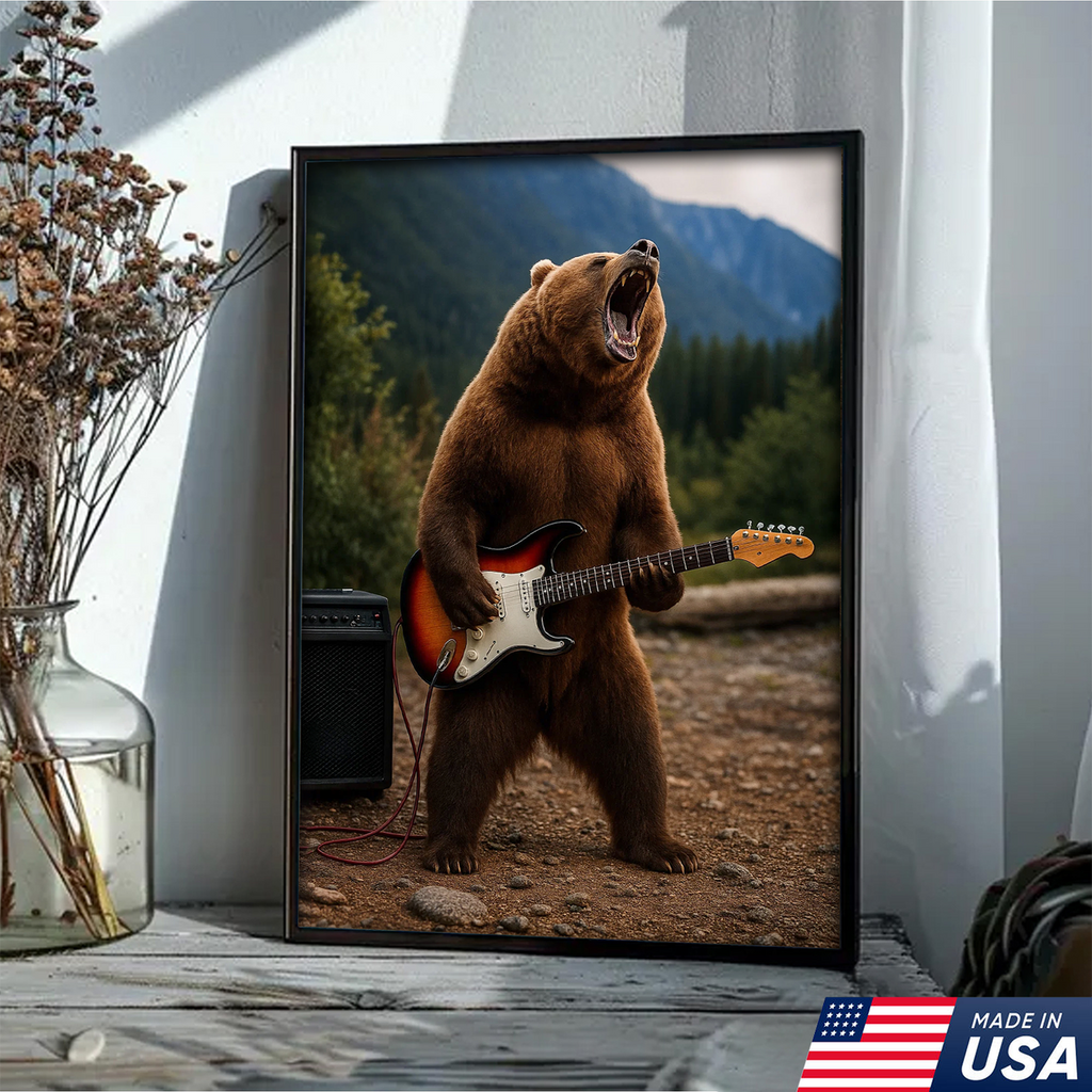 Funny Bear Canvas Wall Art – Rock and Roll Wildlife Decor, Guitar Playing Grizzly