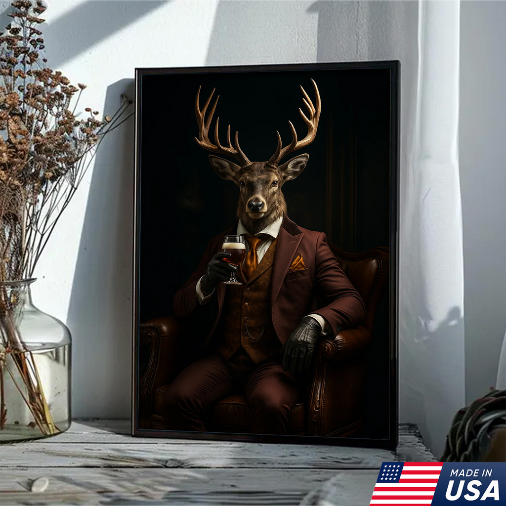Deer Gentleman Canvas Wall Art – Rustic Lodge Decor, Anthropomorphic Buck in Suit