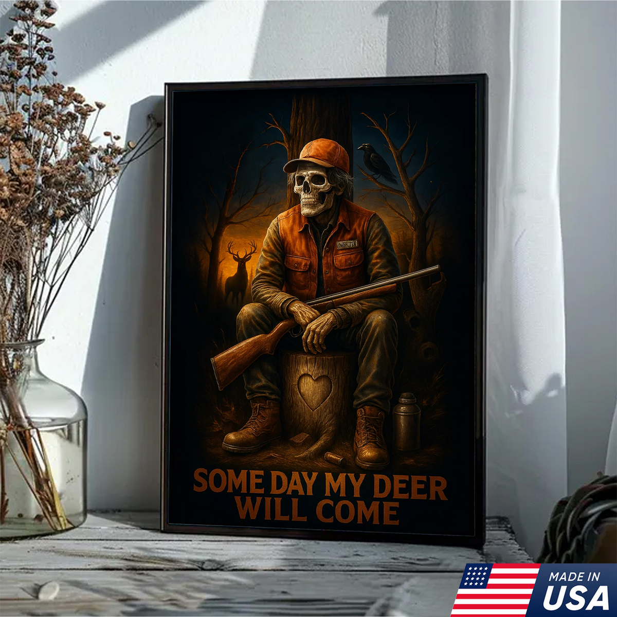 Funny Deer Hunting Canvas Wall Art – Skeleton Hunter with Rifle, Rustic Lodge Decor
