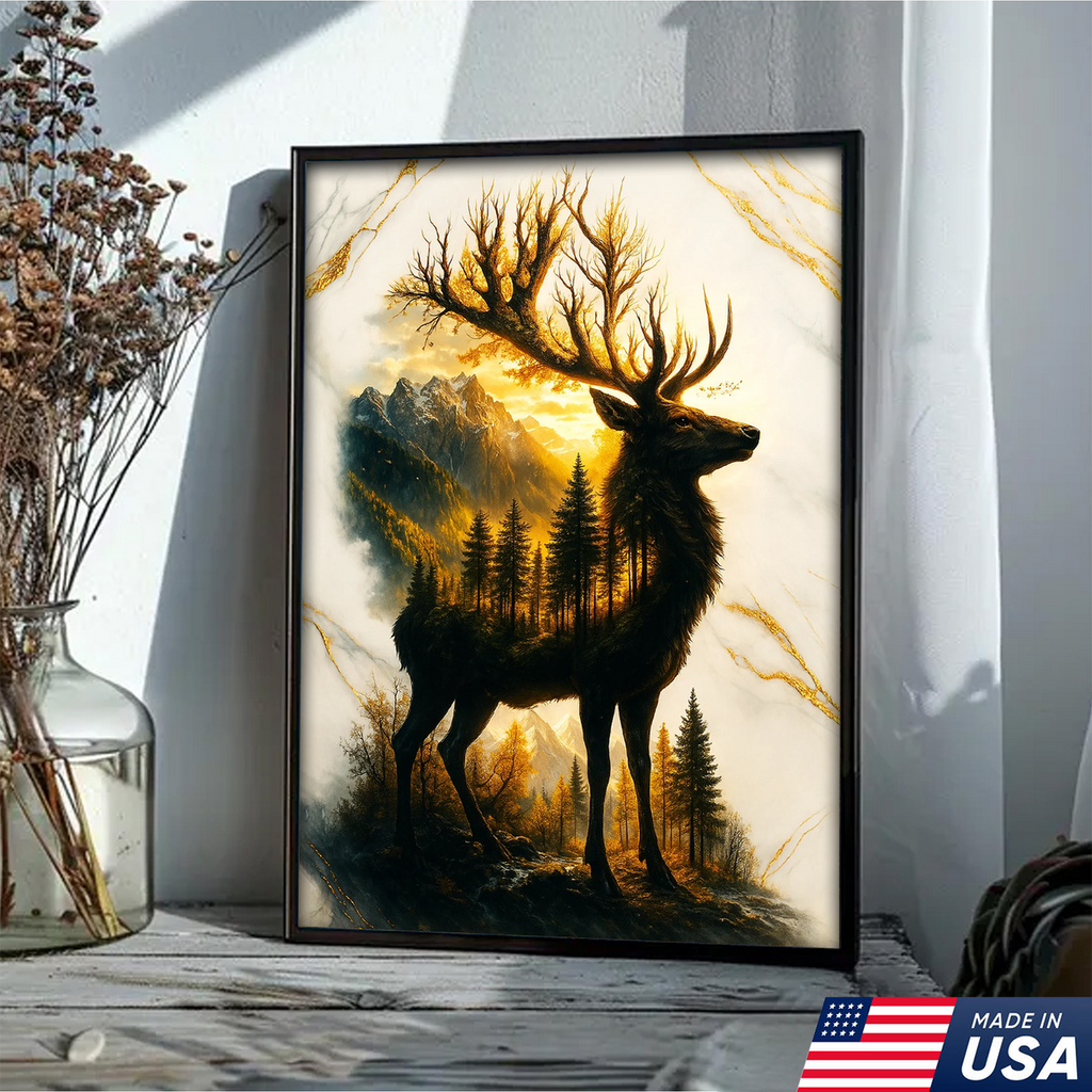 Majestic Deer Canvas Wall Art – Rustic Wildlife Decor, Forest Landscape within Buck Silhouette
