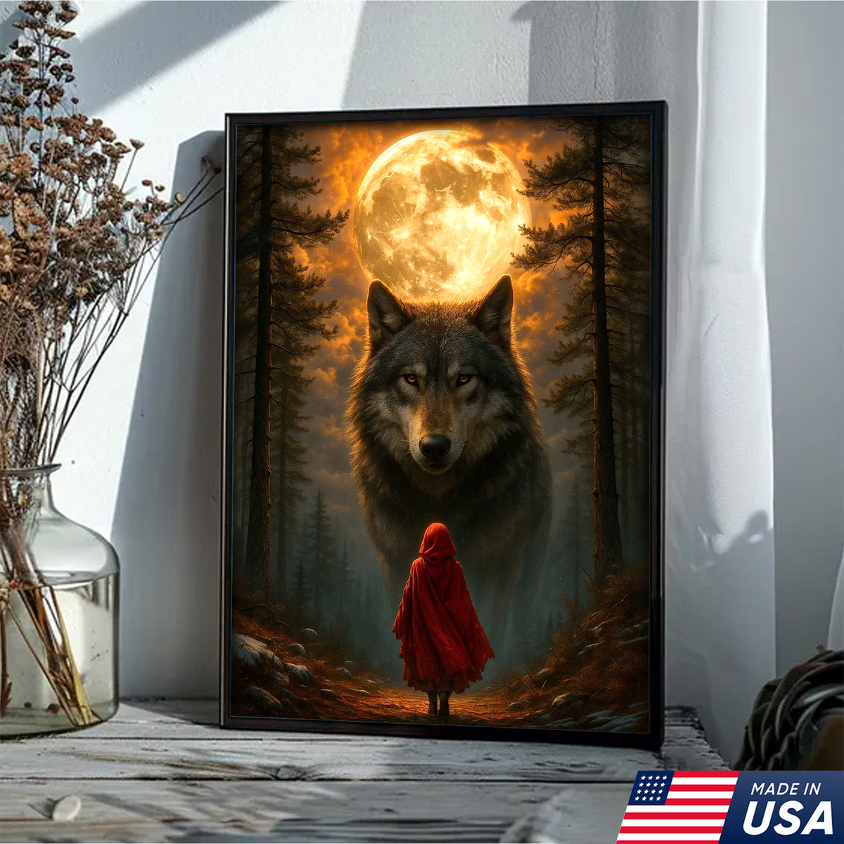 Wolf and Little Red Riding Hood Canvas Wall Art – Fantasy Moonlit Forest Scene