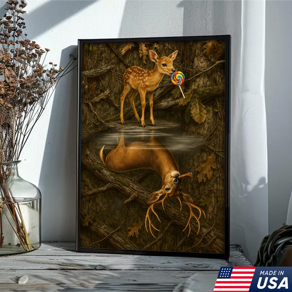 Whimsical Deer Reflection Canvas Art - Cute Fawn with Lollipop Forest Scene