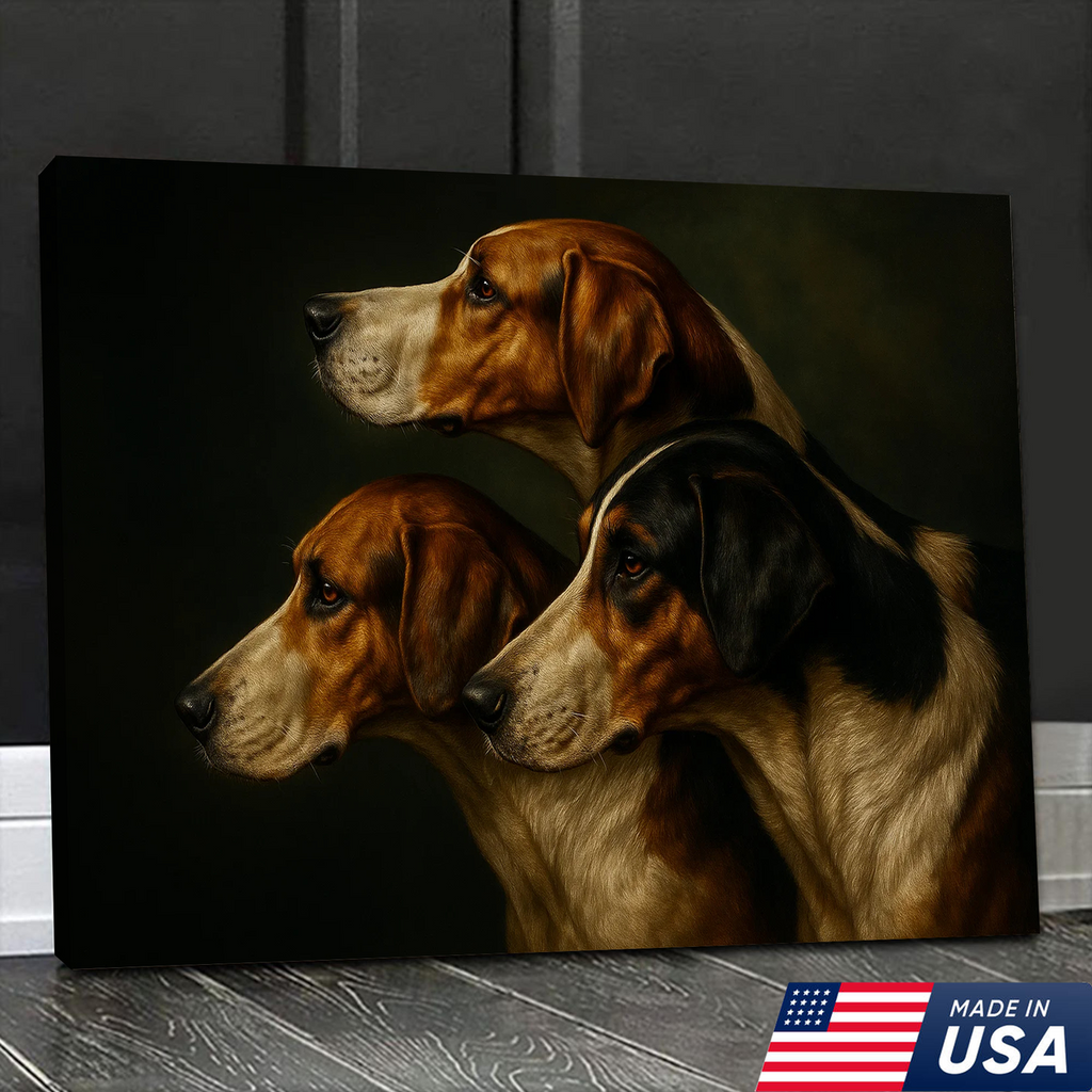 Hunting Dog Canvas Wall Art – Trio of Hounds Portrait, Rustic Lodge Decor
