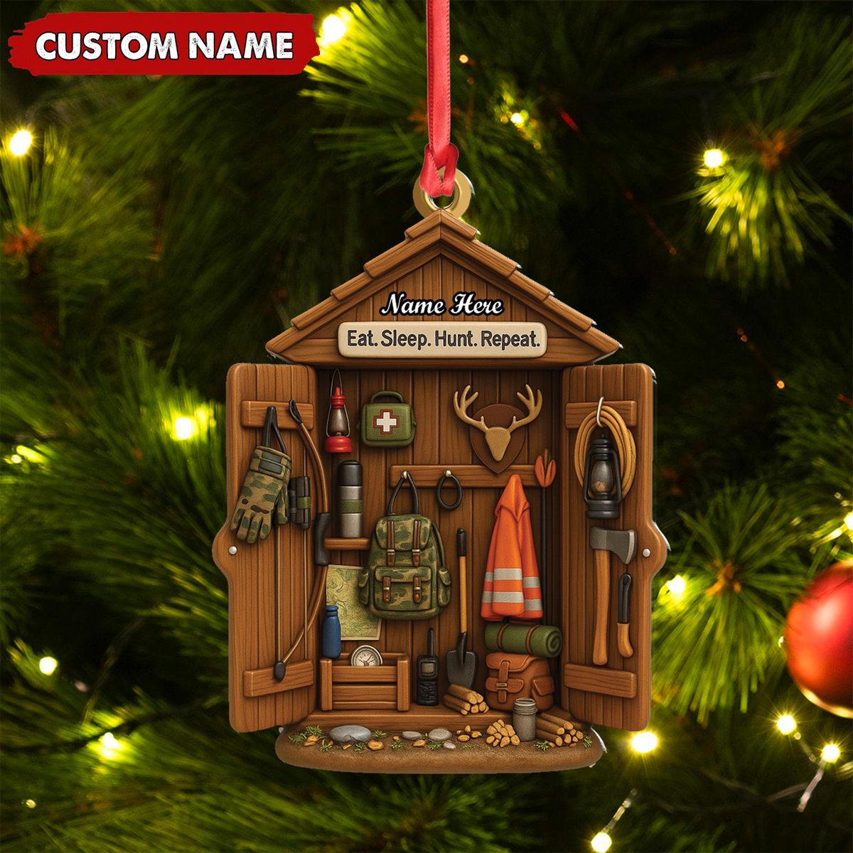 Personalized Hunter Gear Acrylic Ornament – Custom Name “Eat Sleep Hunt Repeat” Christmas Gift for Hunters