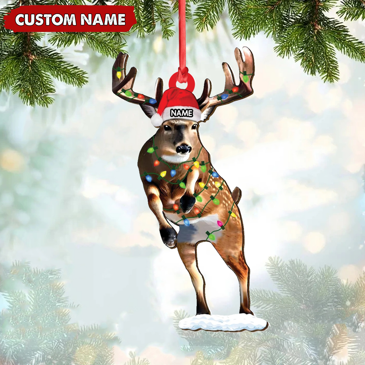 Personalized Deer Acrylic Christmas Ornament – Custom Name Buck with Lights Holiday Gift