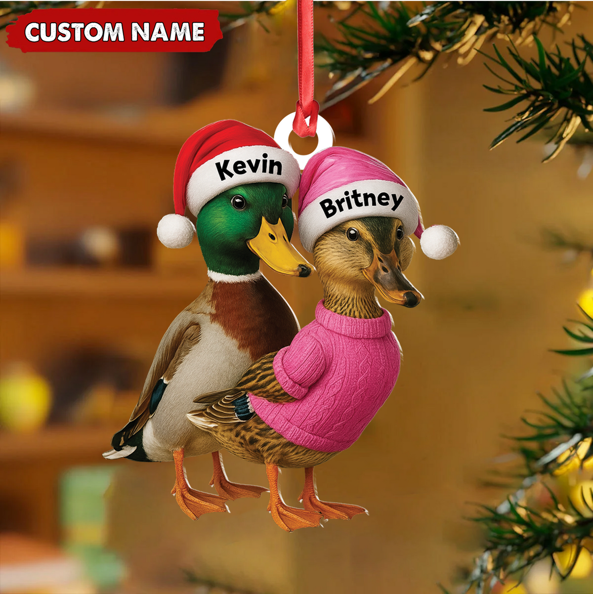 Custom Funny Duck Couple Christmas Ornament – Personalized Names, Custom Gift for Couples & Animal Lovers