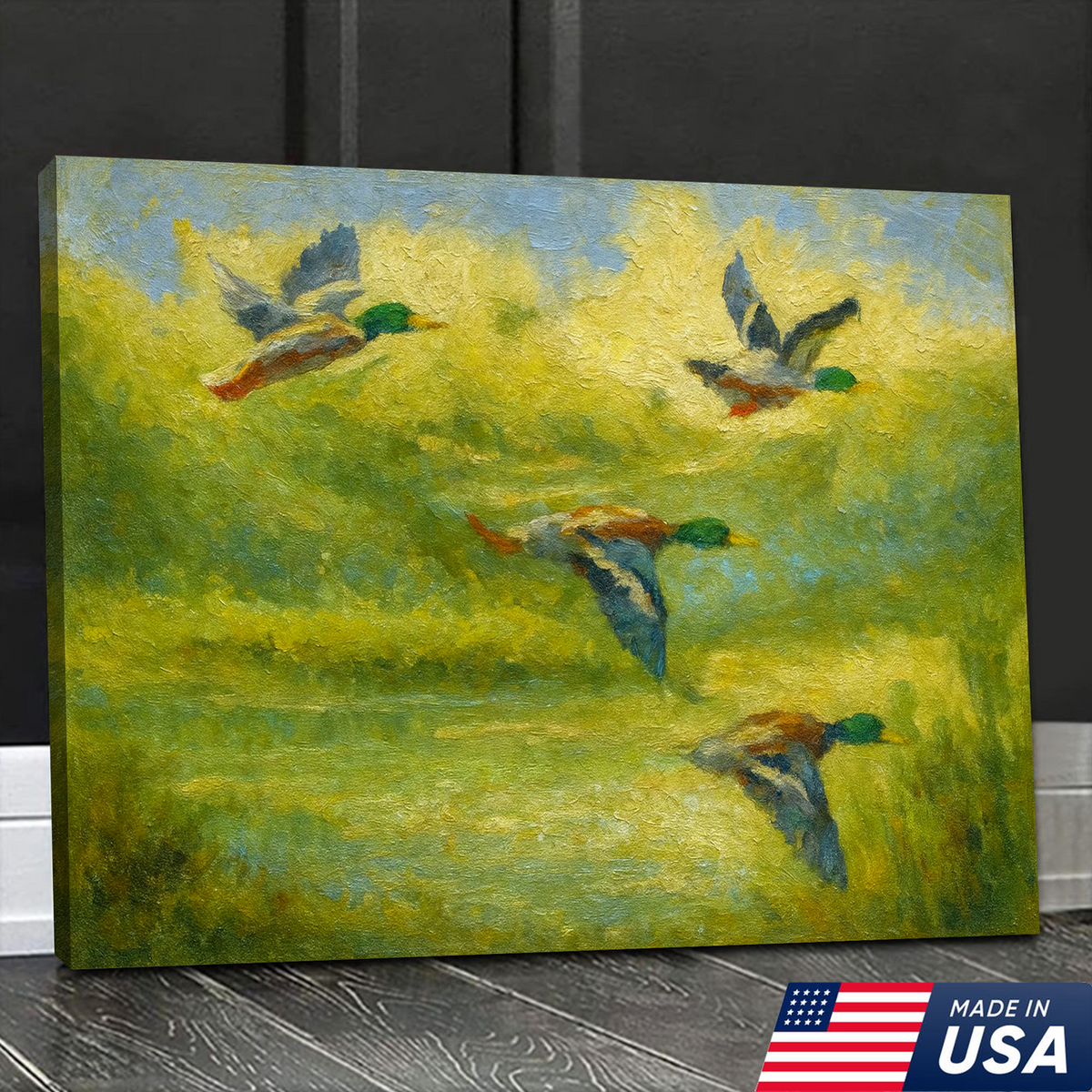 Mallard Duck Hunting Canvas Wall Art – Rustic Wildlife Decor, Flying Ducks Painting
