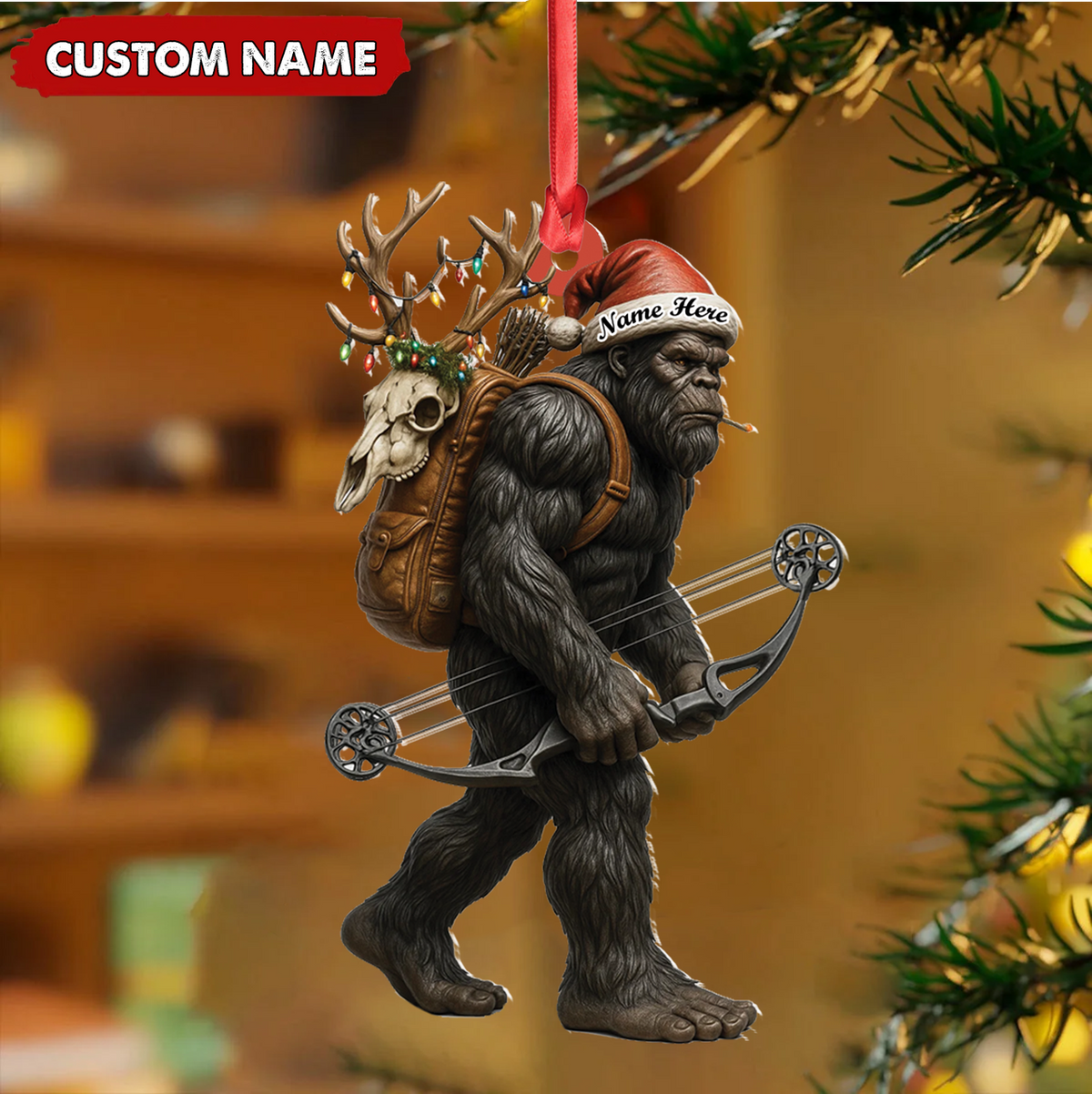 Bigfoot Hunter Christmas Ornament, Funny Sasquatch Archery Decor, Rustic Holiday Gift for Outdoor Adventure Lovers
