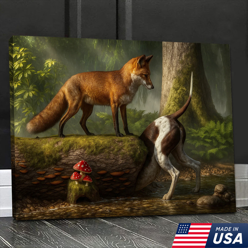 Fox and Hunting Dog Funny Canvas Wall Art – Rustic Wildlife Decor, Woodland Animal Painting