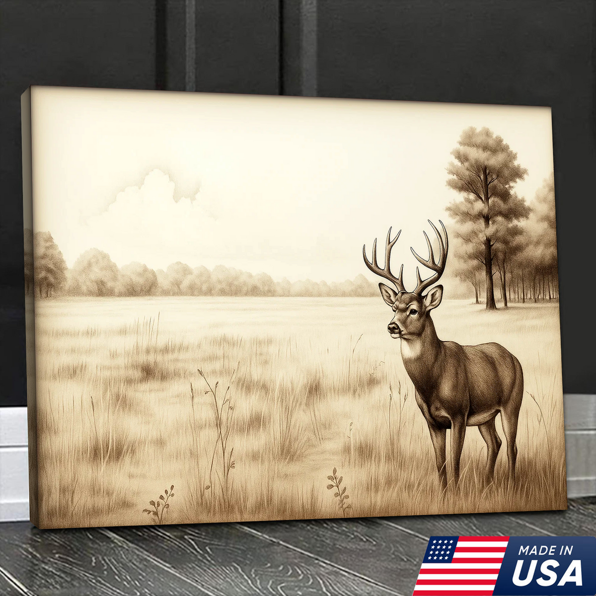 Whitetail Deer Canvas Wall Art – Rustic Hunting Lodge Decor, Sepia Wildlife Artwork