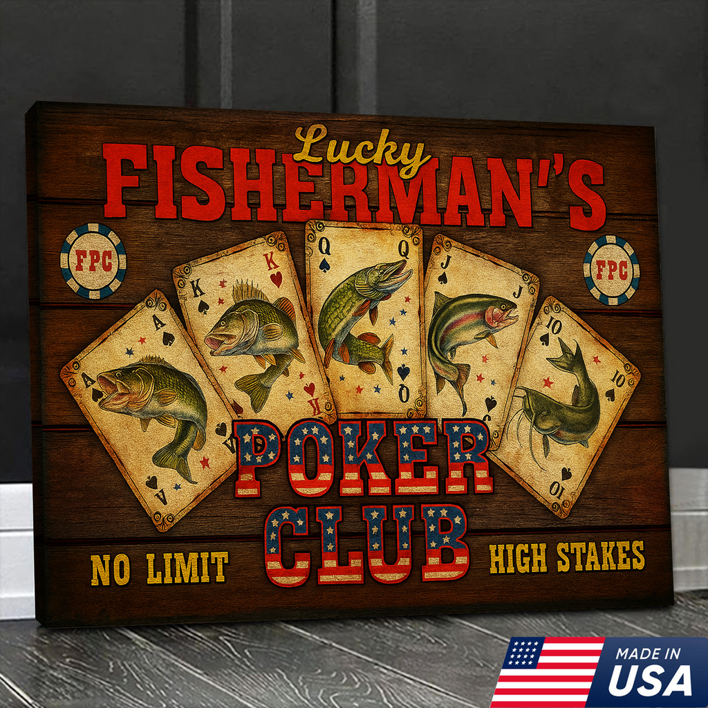 Lucky Fisherman’s Poker Club Wall Art – Vintage Fishing Playing Cards Canvas for Man Cave