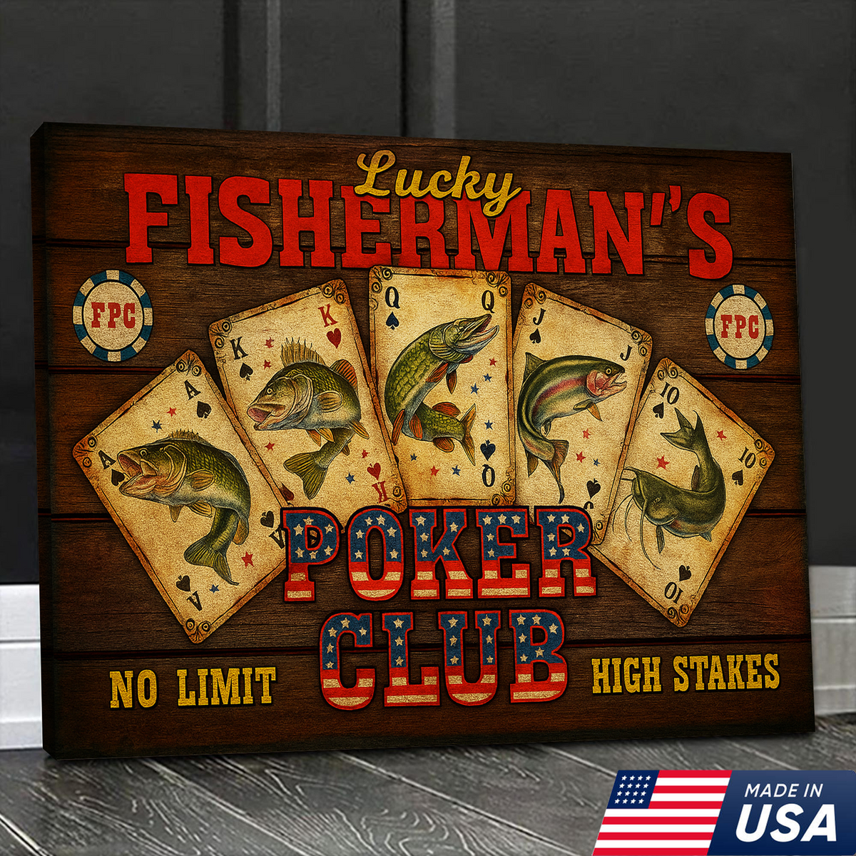 Lucky Fisherman’s Poker Club Wall Art – Vintage Fishing Playing Cards Canvas for Man Cave