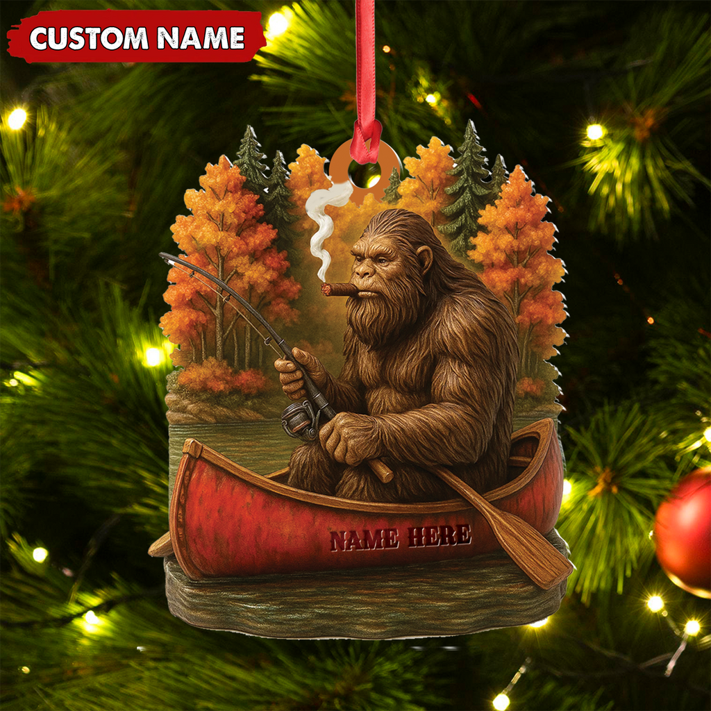 Personalized Bigfoot Fishing Ornament, Funny Sasquatch in Canoe Christmas Decor, Unique Gift for Fishermen and Outdoor Lovers
