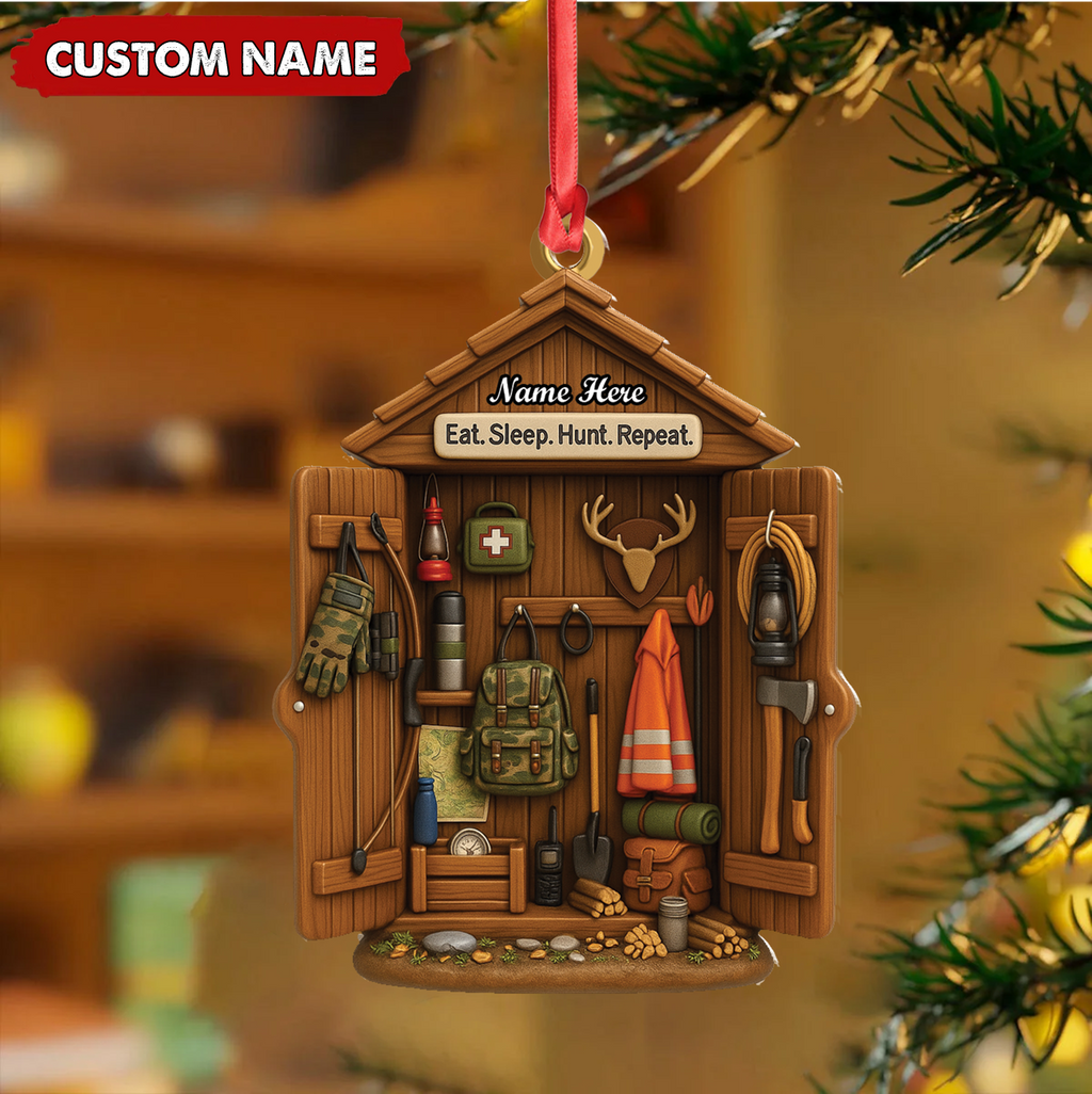 Personalized Hunter Gear Acrylic Ornament – Custom Name “Eat Sleep Hunt Repeat” Christmas Gift for Hunters