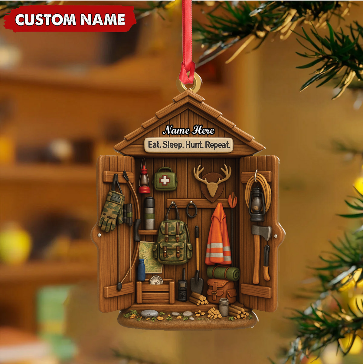 Personalized Hunter Gear Acrylic Ornament – Custom Name “Eat Sleep Hunt Repeat” Christmas Gift for Hunters