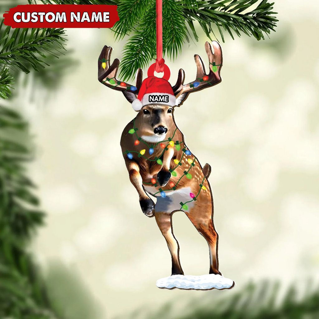 Personalized Deer Acrylic Christmas Ornament – Custom Name Buck with Lights Holiday Gift