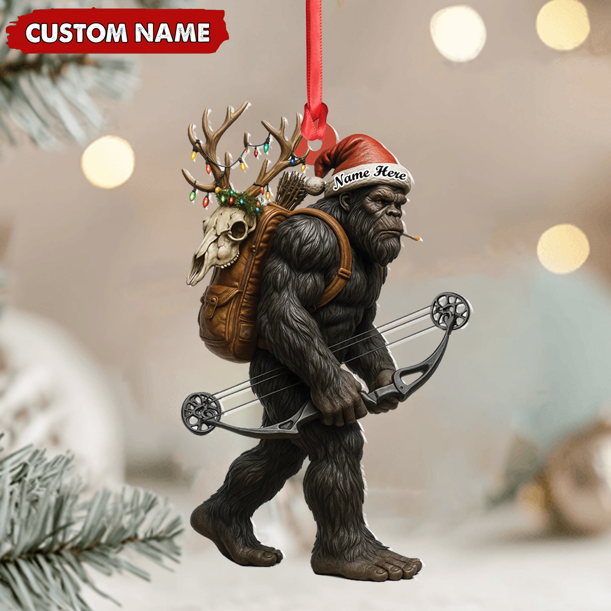 Bigfoot Hunter Christmas Ornament, Funny Sasquatch Archery Decor, Rustic Holiday Gift for Outdoor Adventure Lovers