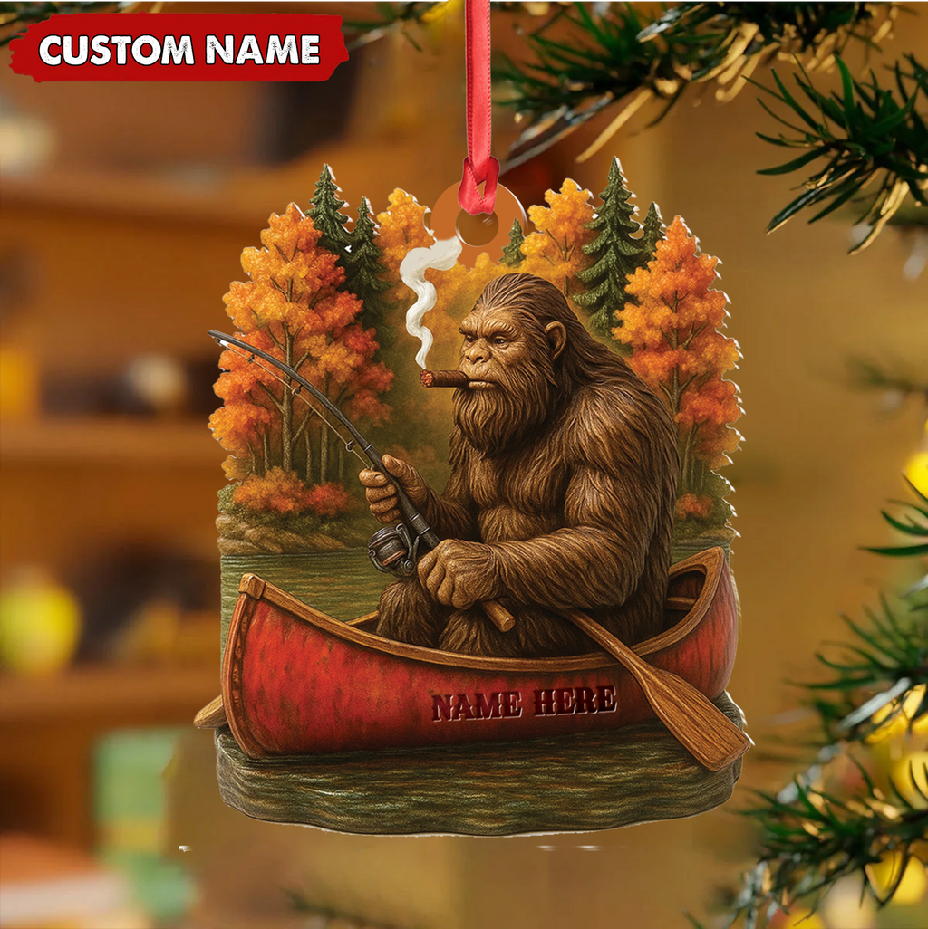 Personalized Bigfoot Fishing Ornament, Funny Sasquatch in Canoe Christmas Decor, Unique Gift for Fishermen and Outdoor Lovers