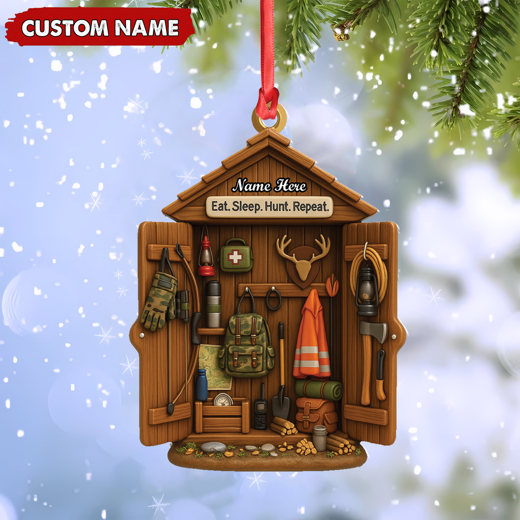 Personalized Hunter Gear Acrylic Ornament – Custom Name “Eat Sleep Hunt Repeat” Christmas Gift for Hunters
