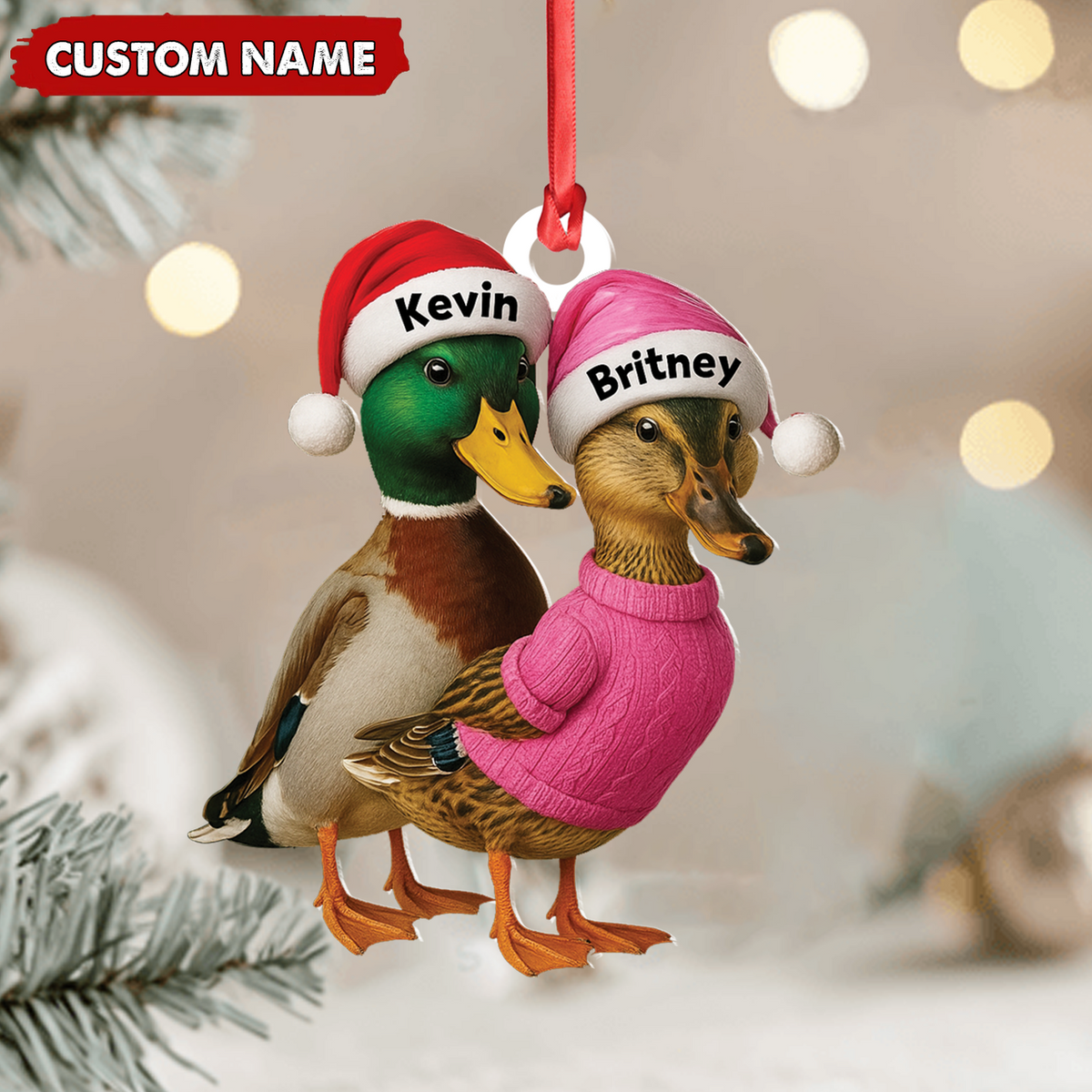 Custom Funny Duck Couple Christmas Ornament – Personalized Names, Custom Gift for Couples & Animal Lovers