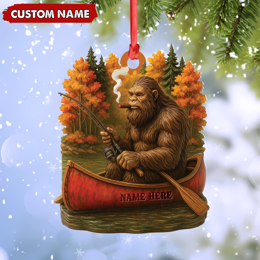 Personalized Bigfoot Fishing Ornament, Funny Sasquatch in Canoe Christmas Decor, Unique Gift for Fishermen and Outdoor Lovers