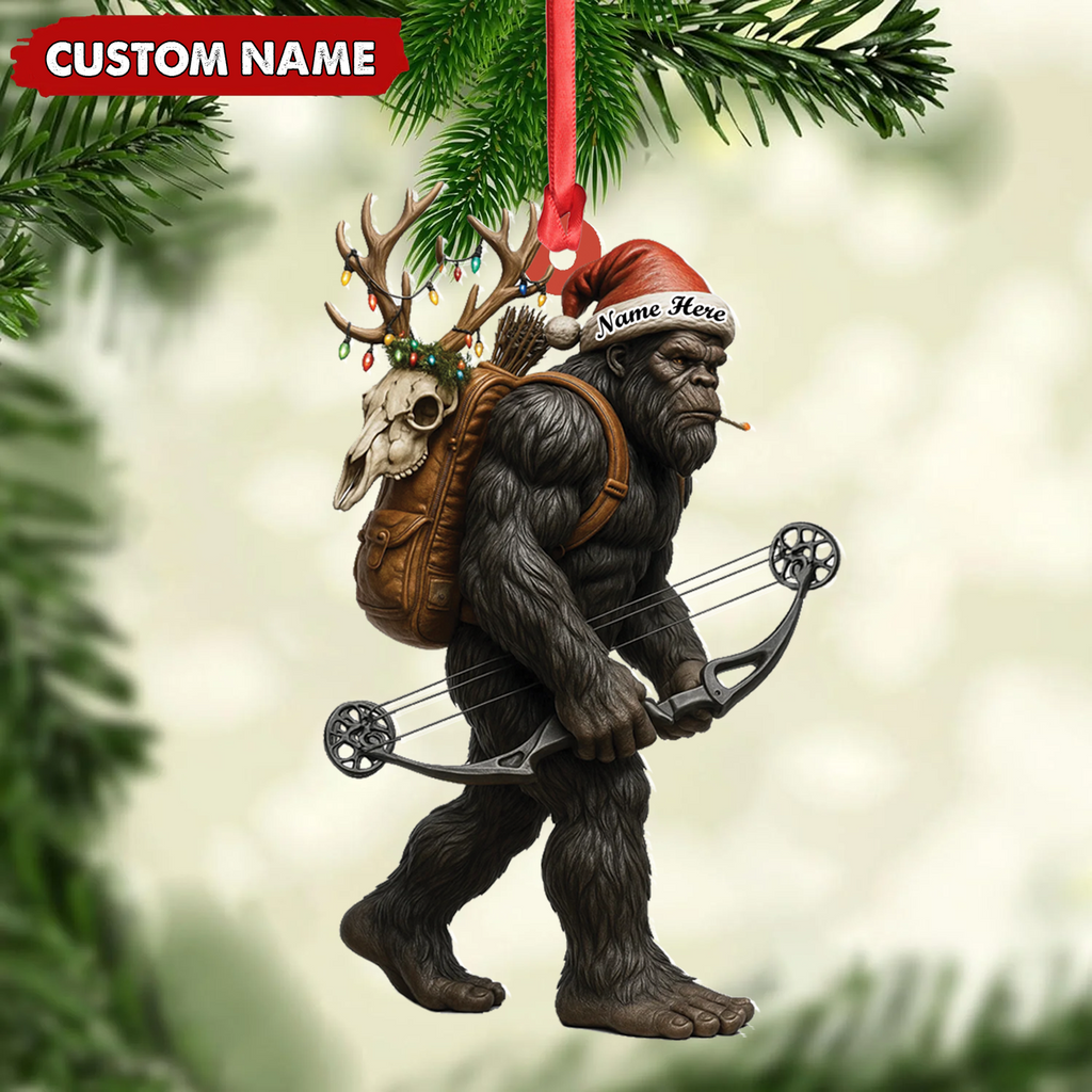 Bigfoot Hunter Christmas Ornament, Funny Sasquatch Archery Decor, Rustic Holiday Gift for Outdoor Adventure Lovers