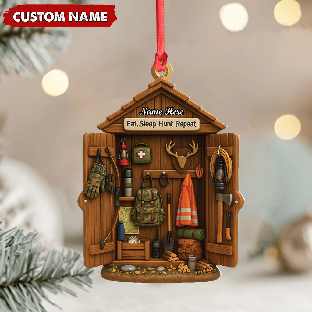 Personalized Hunter Gear Acrylic Ornament – Custom Name “Eat Sleep Hunt Repeat” Christmas Gift for Hunters