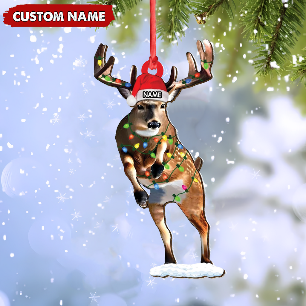 Personalized Deer Acrylic Christmas Ornament – Custom Name Buck with Lights Holiday Gift