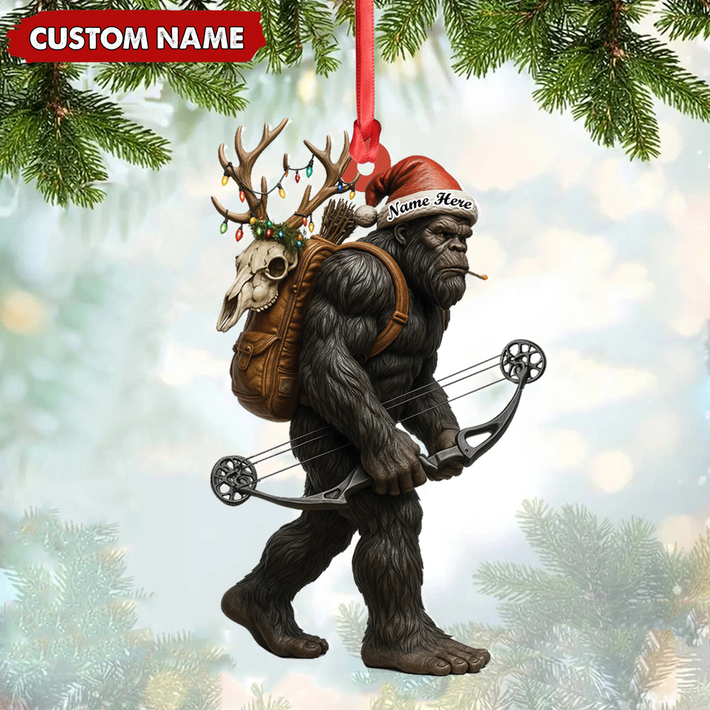 Bigfoot Hunter Christmas Ornament, Funny Sasquatch Archery Decor, Rustic Holiday Gift for Outdoor Adventure Lovers