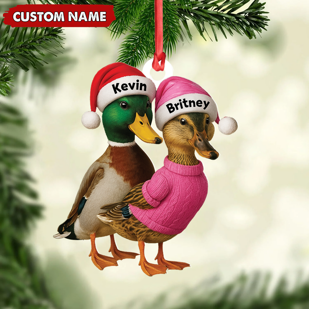 Custom Funny Duck Couple Christmas Ornament – Personalized Names, Custom Gift for Couples & Animal Lovers