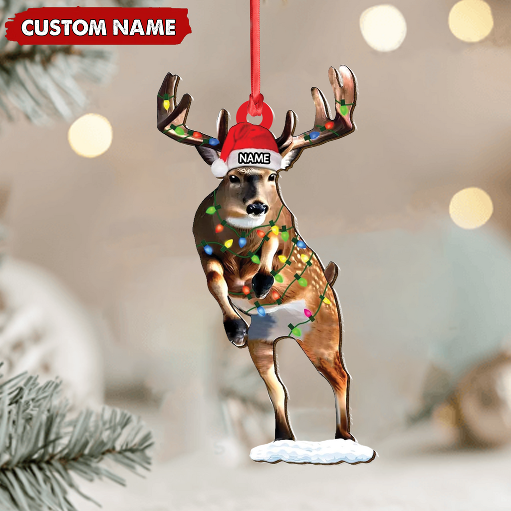 Personalized Deer Acrylic Christmas Ornament – Custom Name Buck with Lights Holiday Gift