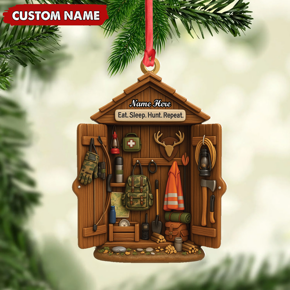 Personalized Hunter Gear Acrylic Ornament – Custom Name “Eat Sleep Hunt Repeat” Christmas Gift for Hunters